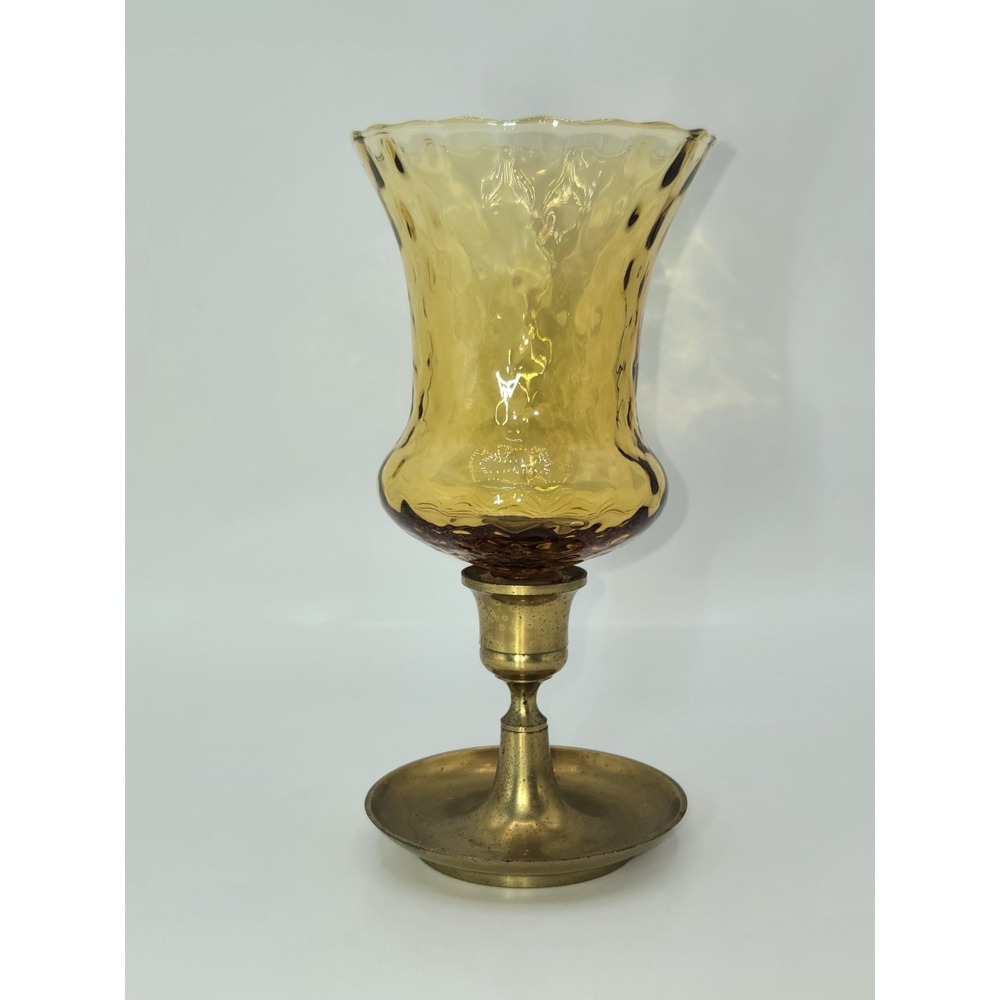 Vintage 1960s–1970s Italian Empoli Amber Optic Glass Hurricane Candle Brass Base